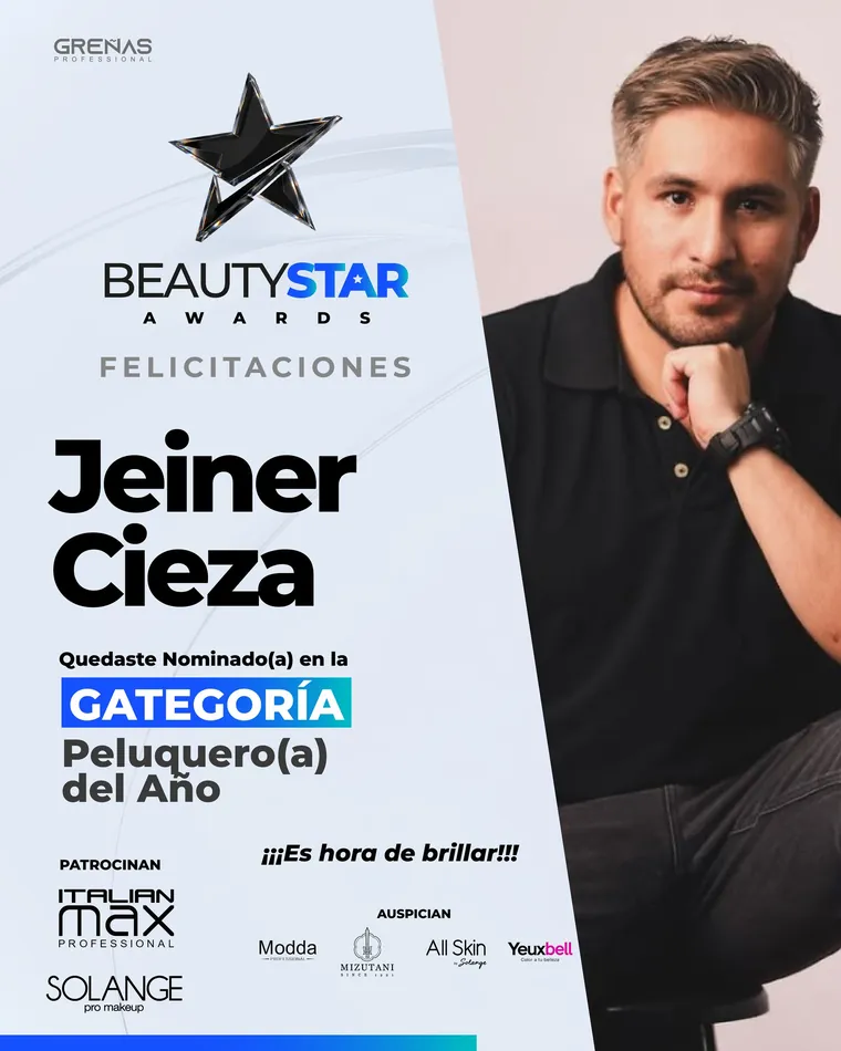Pieza de los Beauty Star Awards: felicitaciones a Jeiner Cieza, nominado en la categoría Peluquero del Año