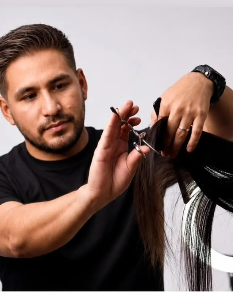 Jeiner Cieza cortando un mechón de cabello con tijera